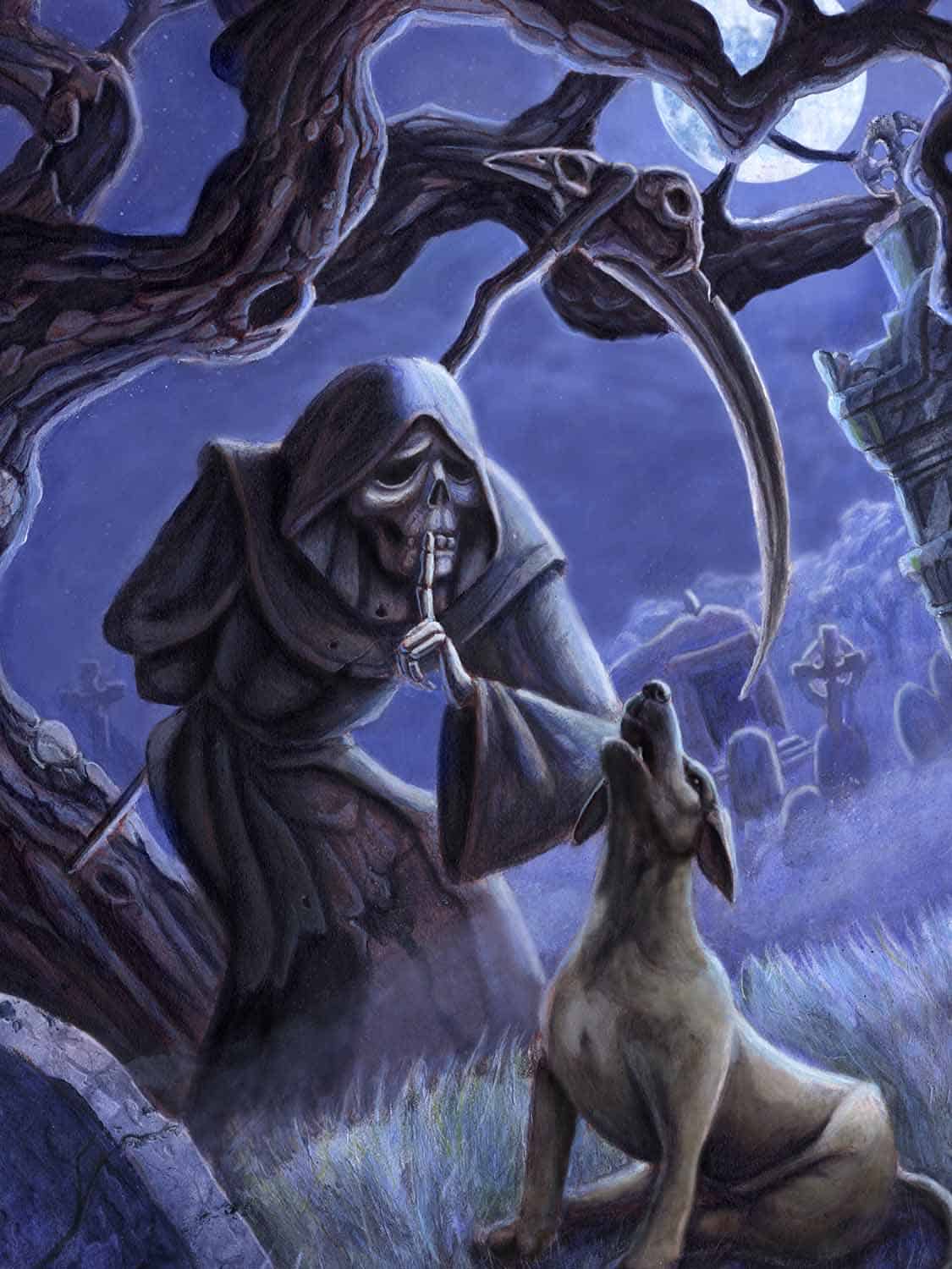 Death Is Near - The Grim Reaper stands beneath a gnarled, barren tree amidst moon light