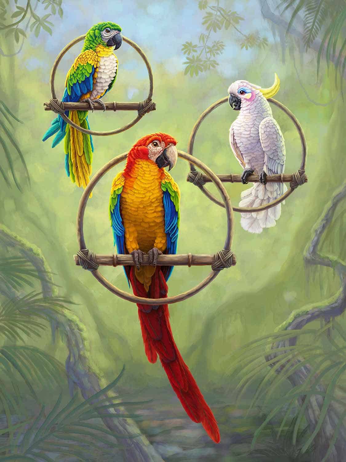 Enchanted Troubadours - colorful parrots sitting on perches with a tropical background