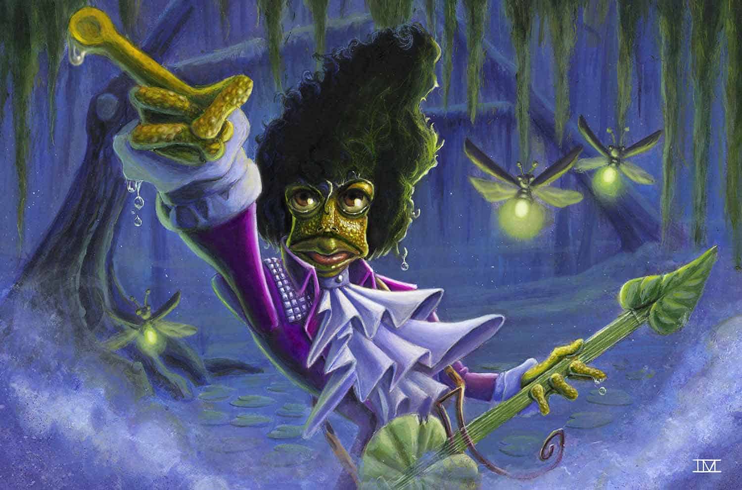 Frog Prince - The Artist Formerly Known as Prince as a frog, with leaf shaped guitar, famous ascot and purple suit, performing in a swamp