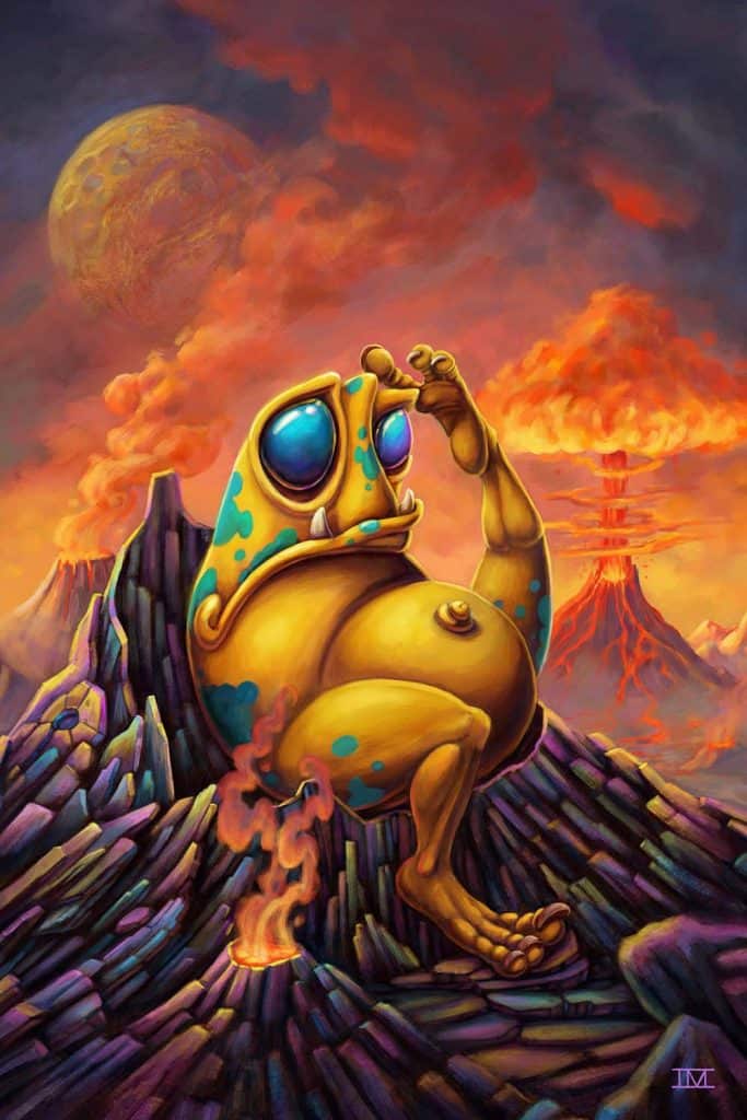 Orange and blue alien sitting on a rocky landscape