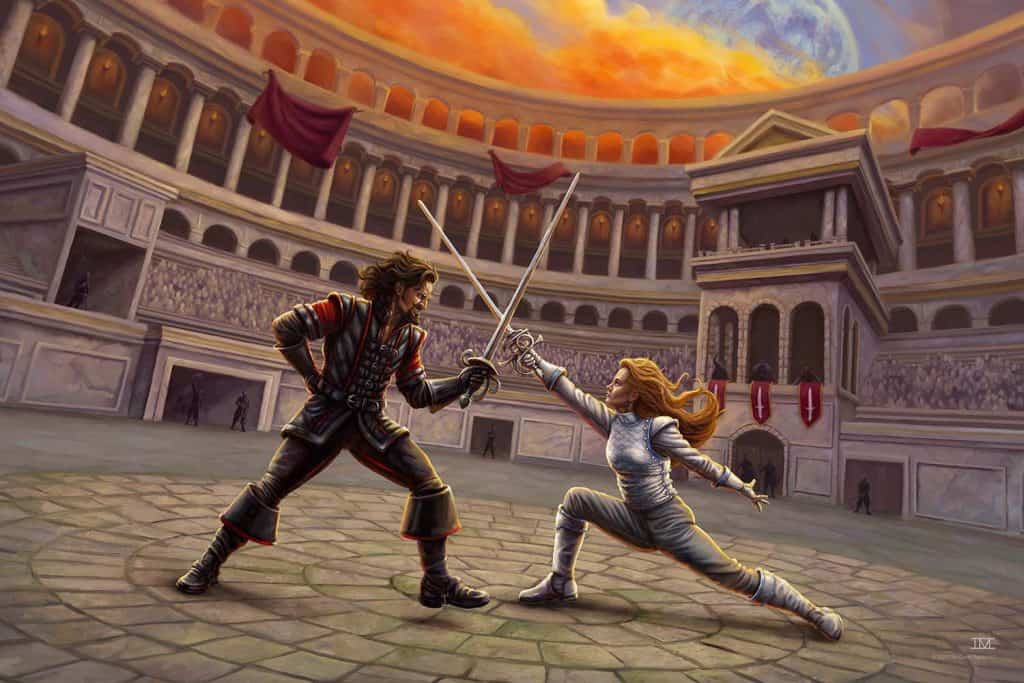 The Duel, two sword fighters cross blades in a stone arena