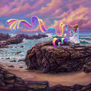 Digital painting of a girl standing on a rocky shore at sunset, long rainbow scarf blowing in the wind.