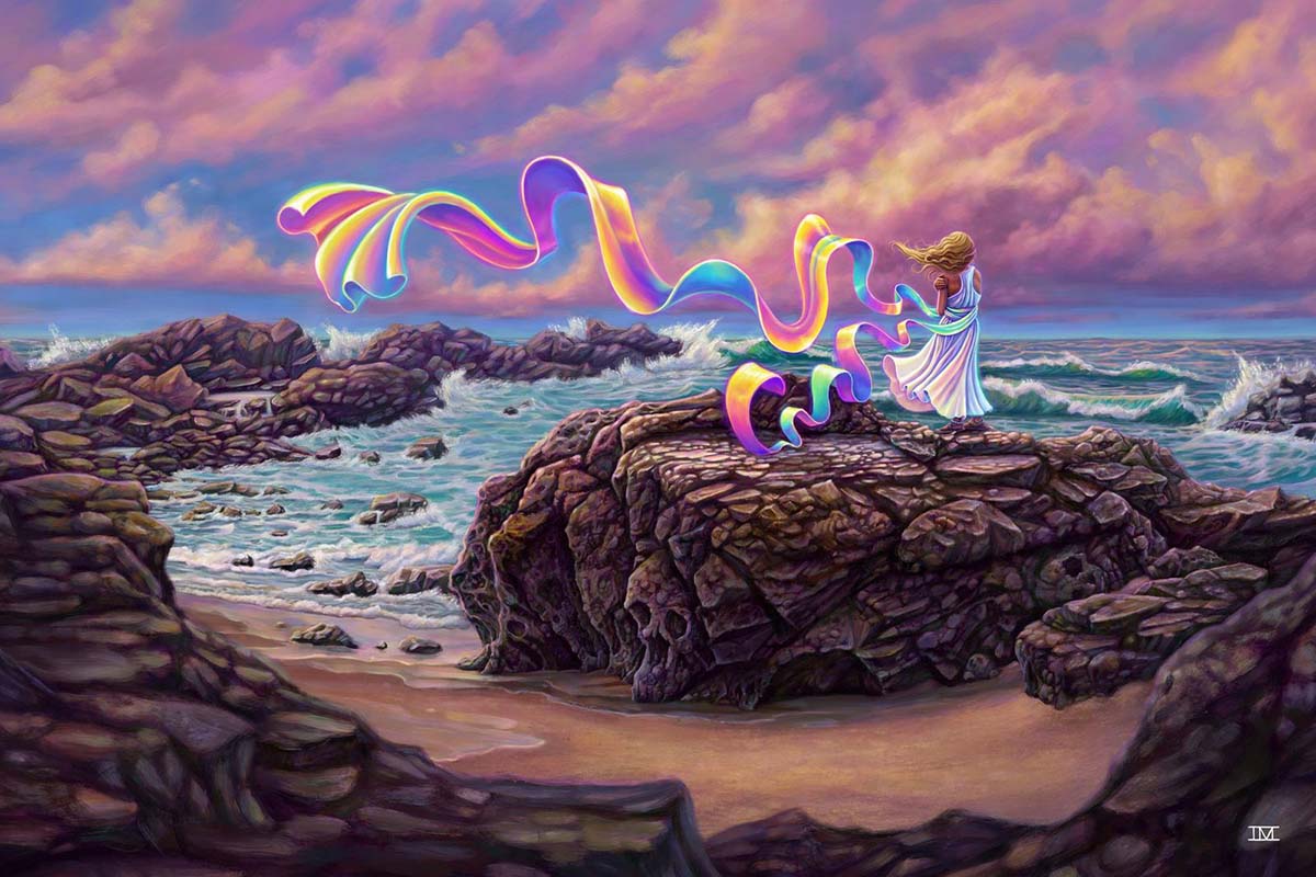 Digital painting of a girl standing on a rocky shore at sunset, long rainbow scarf blowing in the wind.
