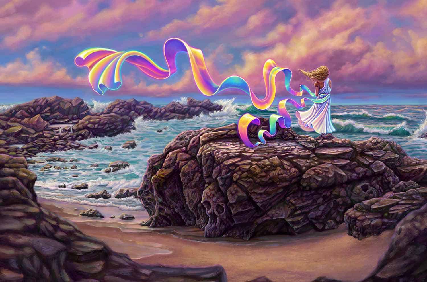 Child of Promise - Fantasy maiden standing on a rocky shore with rainbow ribbon trailing behind her