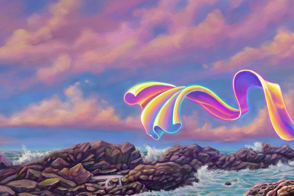 Digital painting of a girl standing on a rocky shore at sunset, long rainbow scarf blowing in the wind.