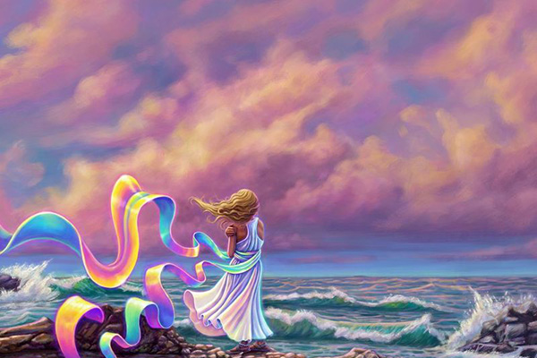 Digital painting of a girl standing on a rocky shore at sunset, long rainbow scarf blowing in the wind.