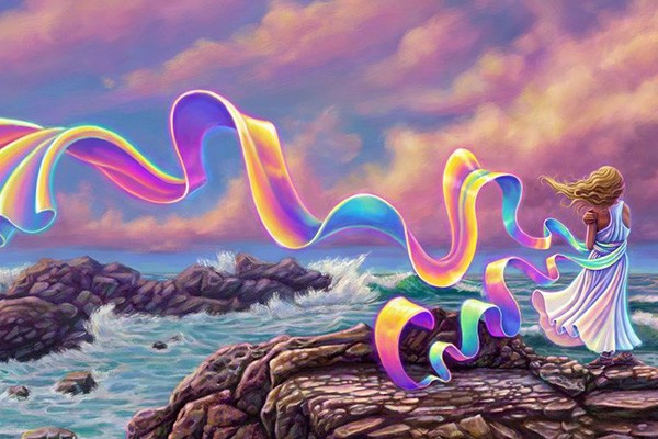 Digital painting of a girl standing on a rocky shore at sunset, long rainbow scarf blowing in the wind.