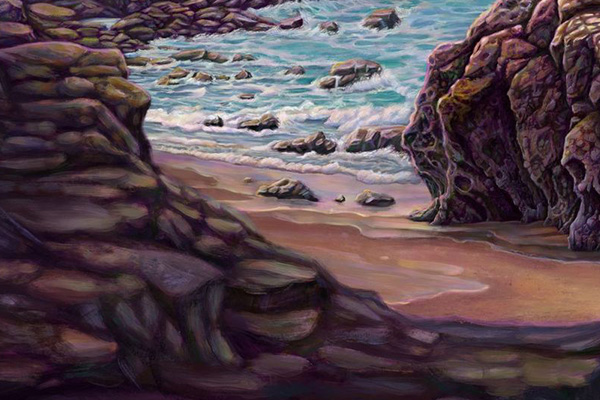 Digital painting of a girl standing on a rocky shore at sunset, long rainbow scarf blowing in the wind.