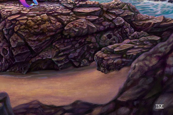 Digital painting of a girl standing on a rocky shore at sunset, long rainbow scarf blowing in the wind.