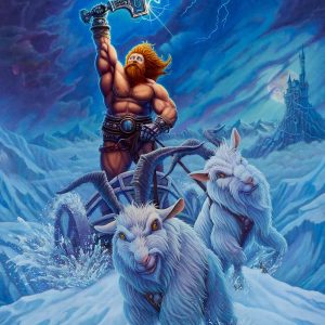 Crack The Sky, Thor holds his hammer aloft while riding into battle with his goats
