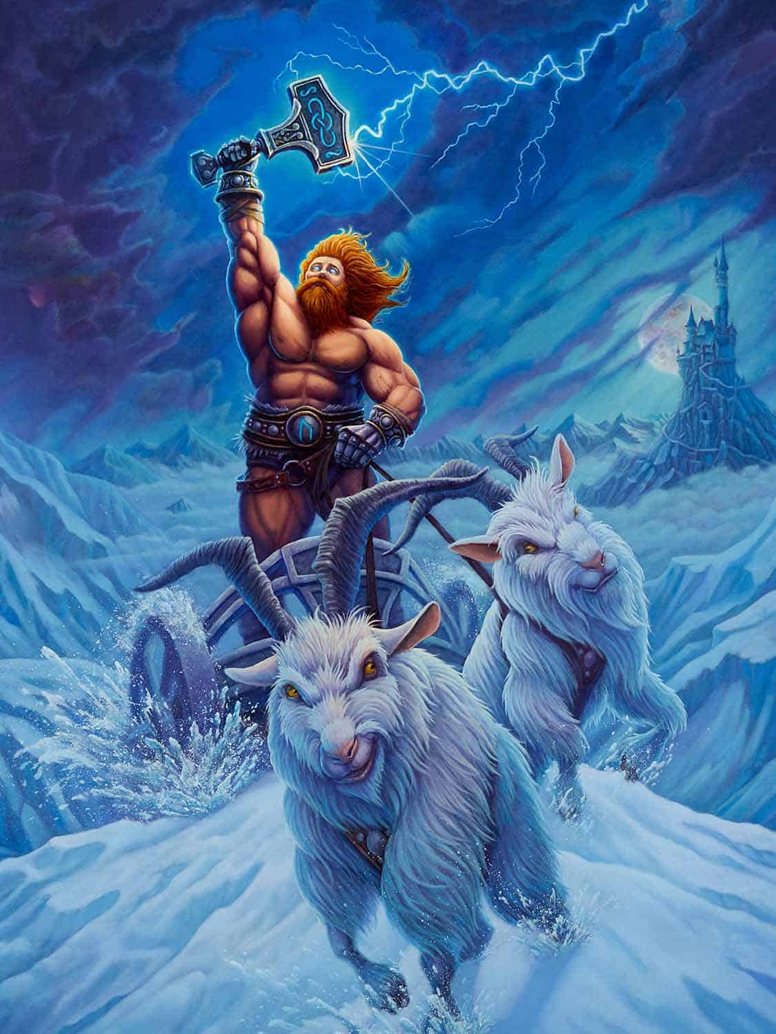 Crack The Sky - Thor holding Mjolnir aloft riding his chariot pulled by two goats