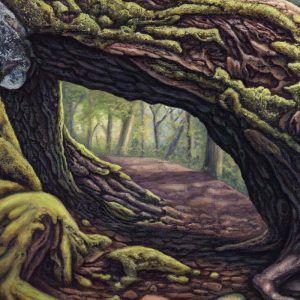 An oil painting of a forest path, surrounded by trees, with a natural tunnel made by tree roots.