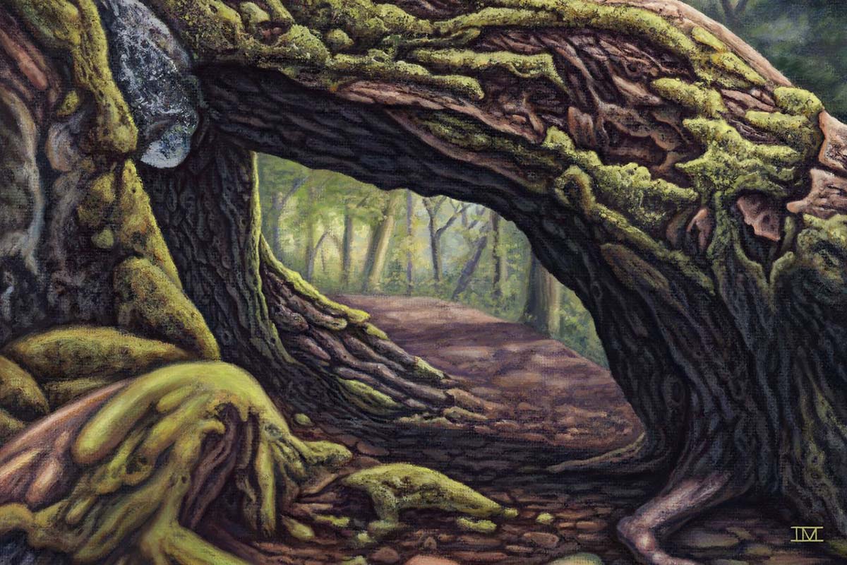 An oil painting of a forest path, surrounded by trees, with a natural tunnel made by tree roots.