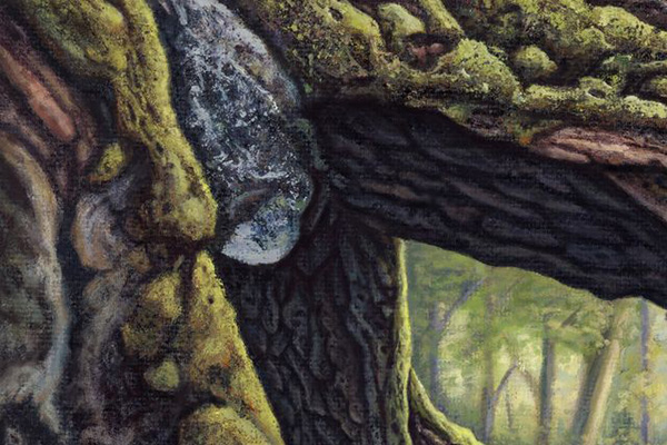 An oil painting of a forest path, surrounded by trees, with a natural tunnel made by tree roots.