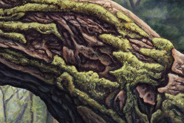 An oil painting of a forest path, surrounded by trees, with a natural tunnel made by tree roots.