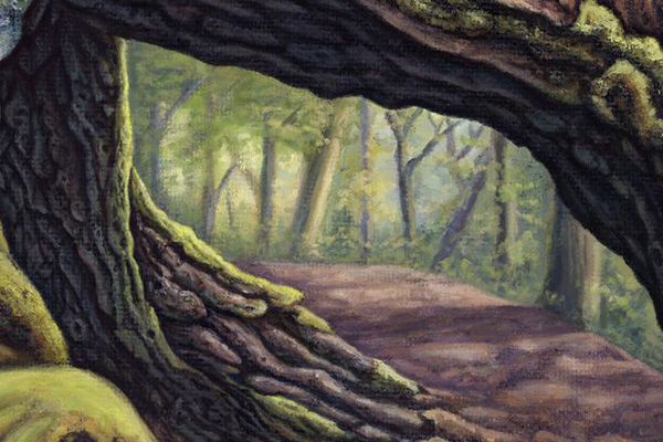 An oil painting of a forest path, surrounded by trees, with a natural tunnel made by tree roots.