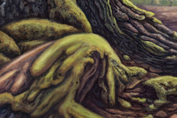 An oil painting of a forest path, surrounded by trees, with a natural tunnel made by tree roots.