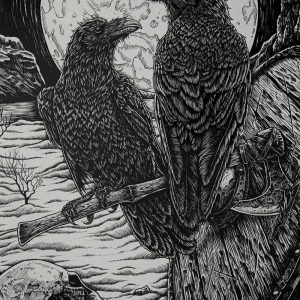 Pen and ink rendering of Odin's ravens, Huginn and Munnin.