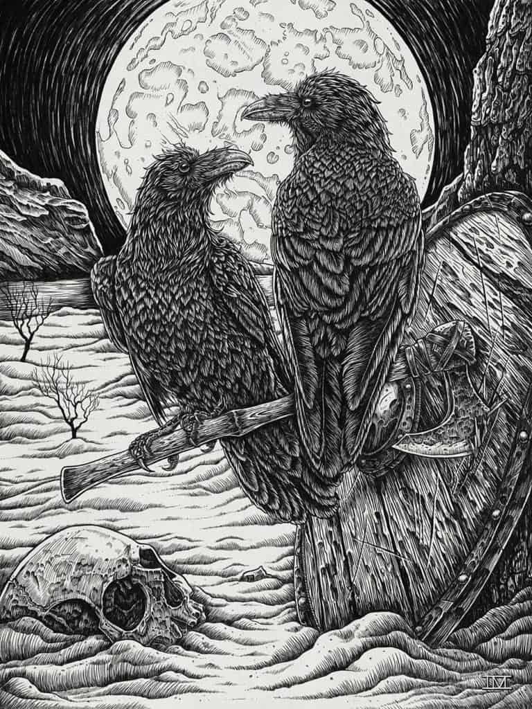 Huggin and Muninn Odin's ravens rendered in pen and ink before a full moon