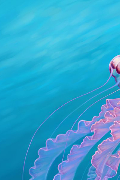 Digital painting of a jellyfish in pink, purple and blue