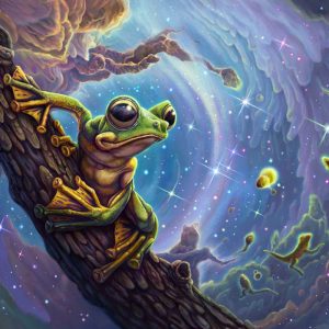 Digital painting of a frog on a branch with a cosmic, space background