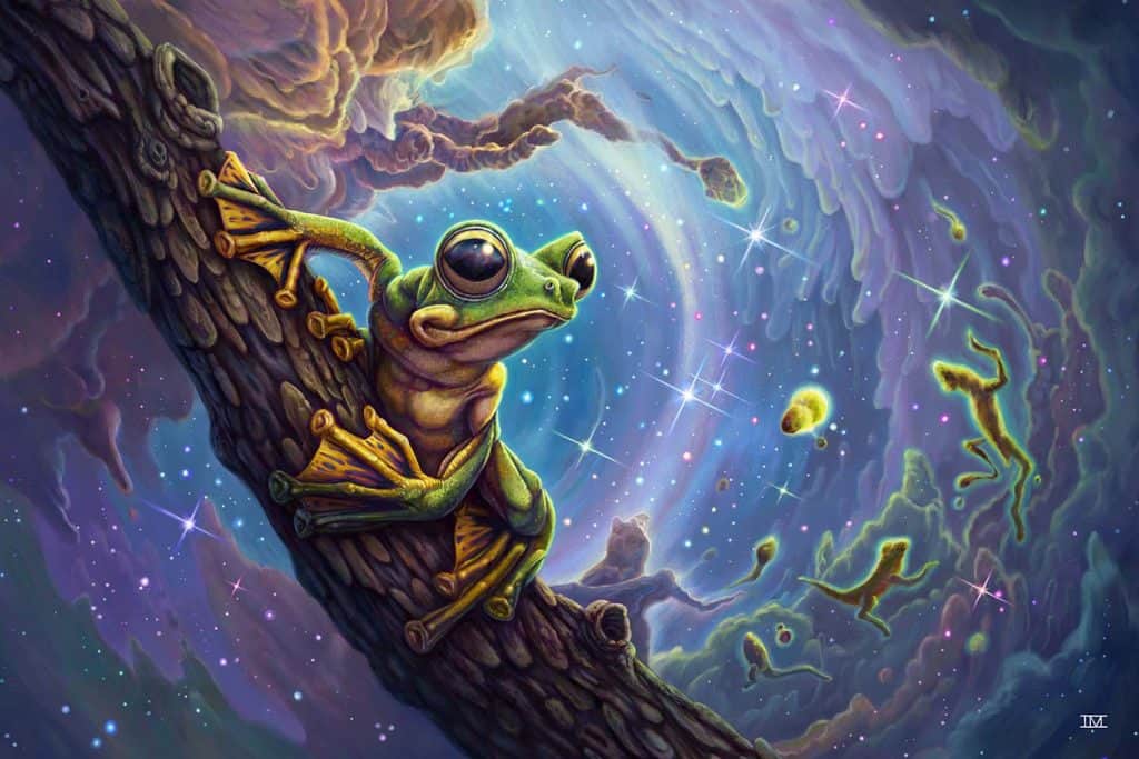 Life Finds A Way a green frog sits atop a tree branch amidst a sea of stars and galactic swirls