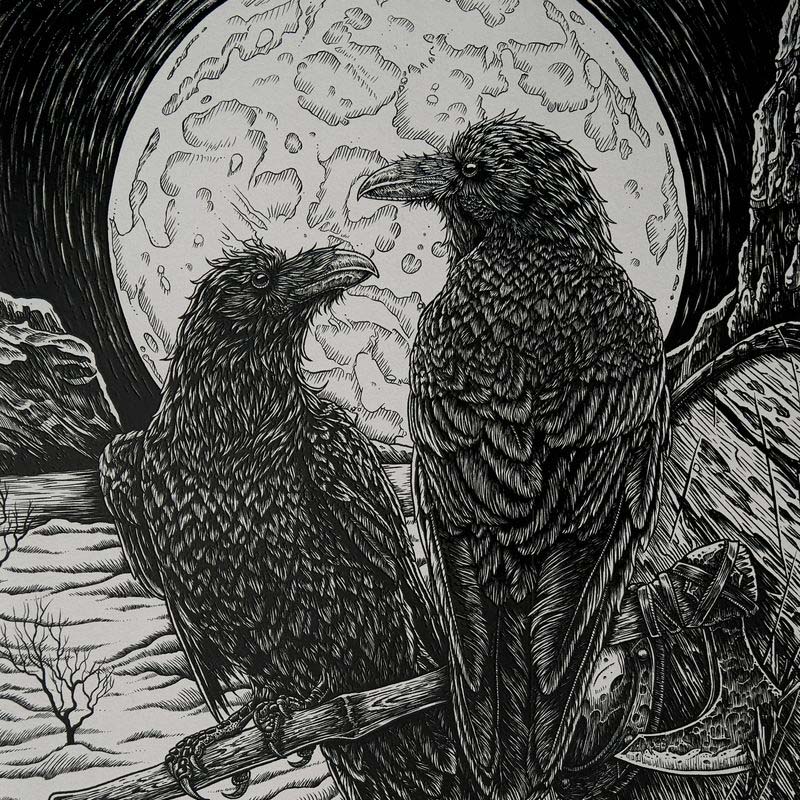 Pen and ink rendering of Odin's ravens, Huginn and Munnin.