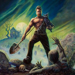 Shirtless man standing in a graveyard at night holding a cat and a shovel, zombies crawling from their graves below.
