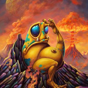 Yellow and blue alien sitting on a rocky planet scape with cloudy background