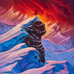 Oil painting on canvas, a cloaked figure stands upon a snowy rock that shows a human face