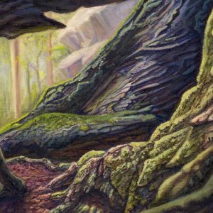 An oil painting of tree roots showing rough roots covered in moss and dirt.