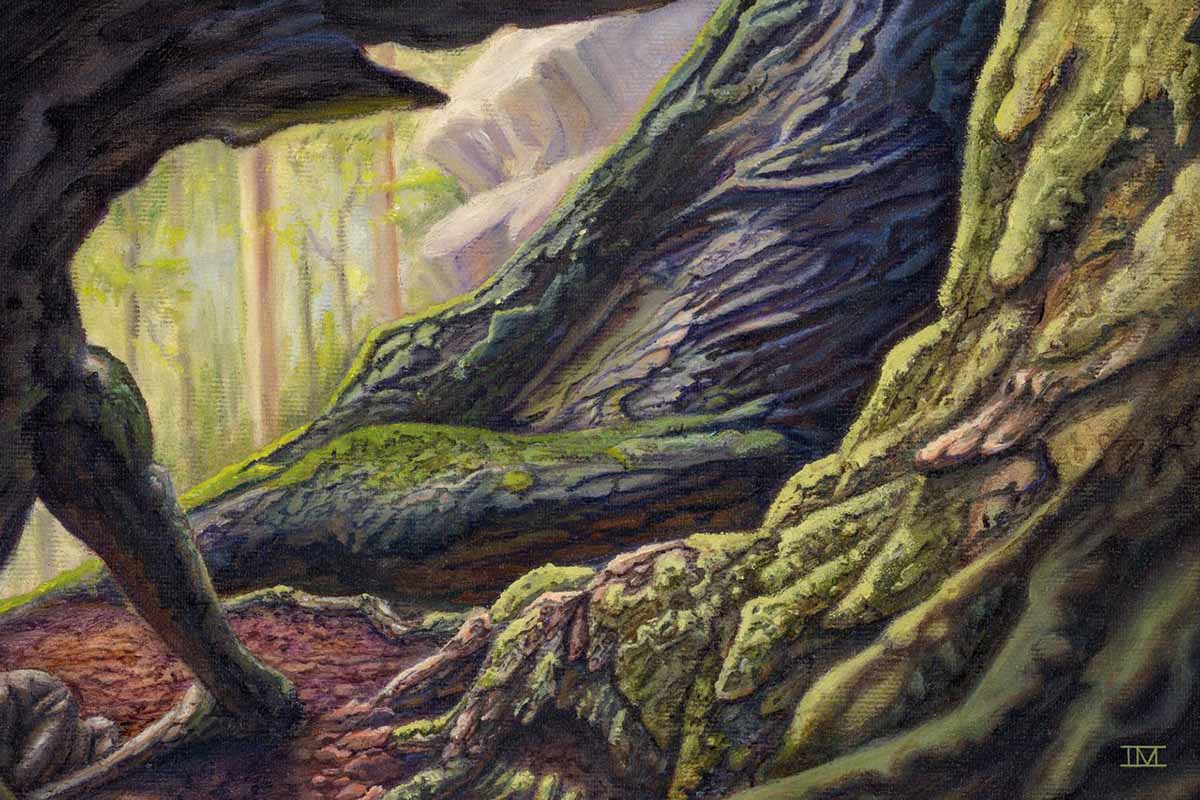 An oil painting of tree roots showing rough roots covered in moss and dirt.