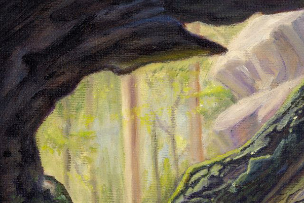 An oil painting of tree roots showing rough roots covered in moss and dirt.