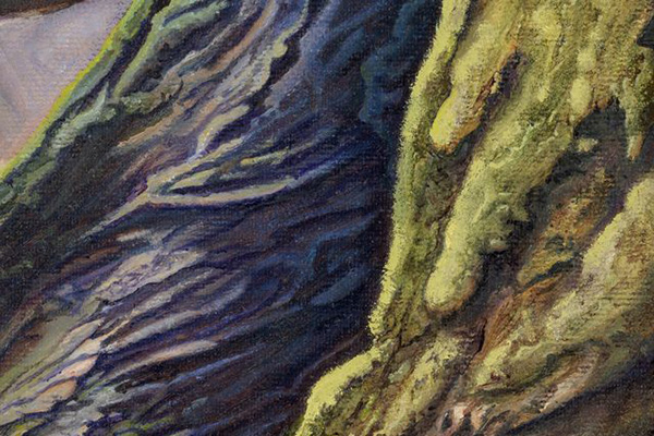 An oil painting of tree roots showing rough roots covered in moss and dirt.