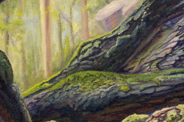 An oil painting of tree roots showing rough roots covered in moss and dirt.