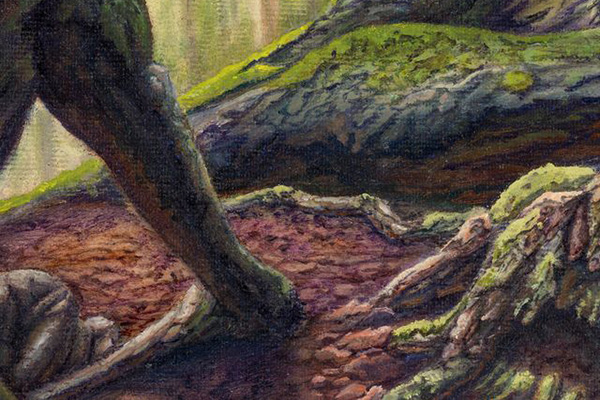 An oil painting of tree roots showing rough roots covered in moss and dirt.