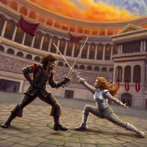 Digital painting of two sword fighters dueling in a stone arena