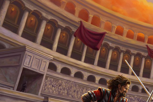 Digital painting of two sword fighters dueling in a stone arena