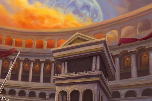 Digital painting of two sword fighters dueling in a stone arena