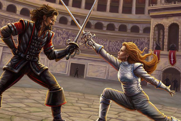 Digital painting of two sword fighters dueling in a stone arena