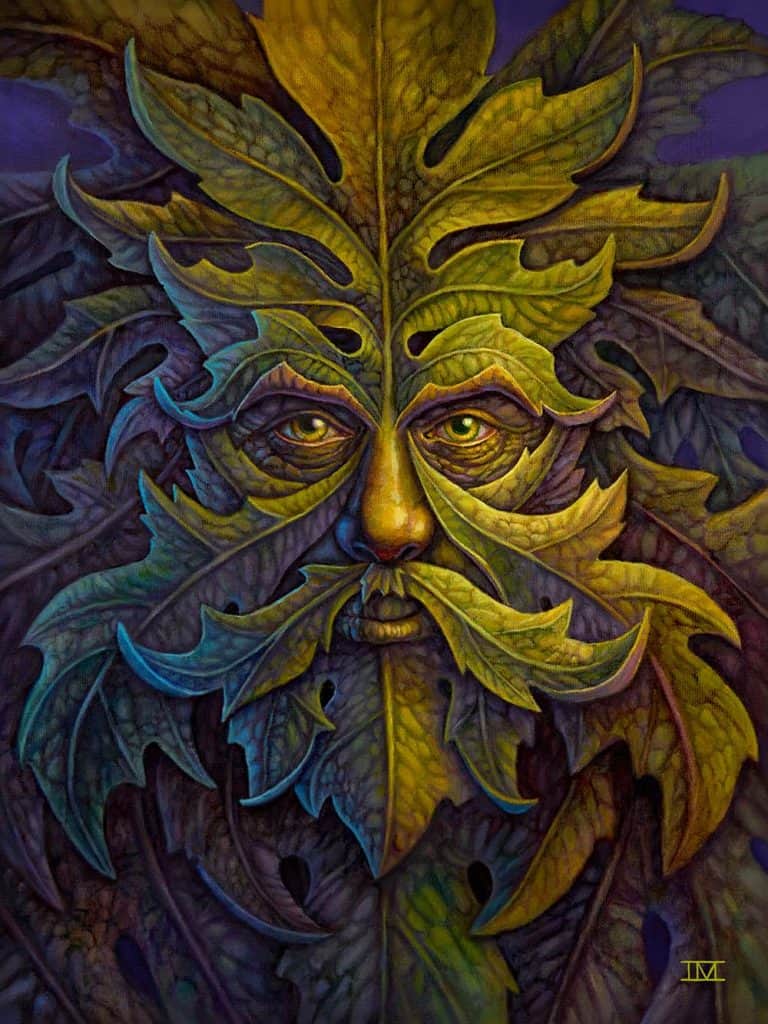 The Green Man a painting of the mythical Green Man in greens, yellows, and blues a face made of leaves