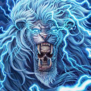 A digital painting of a lion wreathed in lightning, holding a human skull in it's jaws