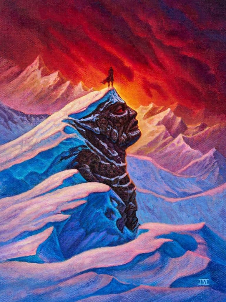 Rock of Ages adventurer standing atop mountainous rock face with sunset clouds behind