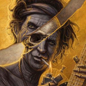 Digital painting of Keith Richards holding guitar and lighter with bones showing on face and hands