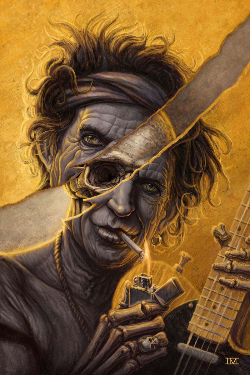 Digital painting of Keith Richards holding guitar and lighter with bones showing on face and hands