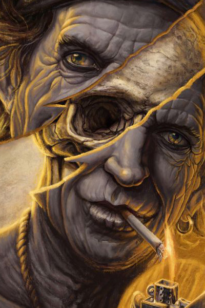 Digital painting of Keith Richards holding guitar and lighter with bones showing on face and hands