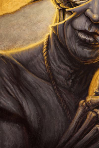Digital painting of Keith Richards holding guitar and lighter with bones showing on face and hands