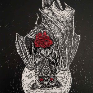 Valentine, a black and white drawing of a bat hanging in front of a moon with red foil accents