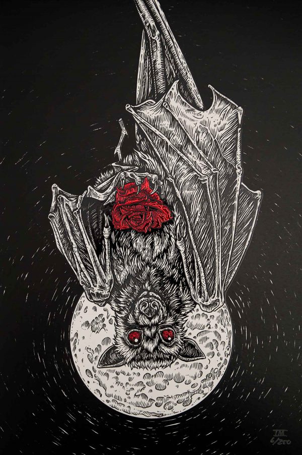 Valentine, a black and white drawing of a bat hanging in front of a moon with red foil accents