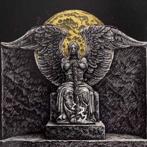 Pen and ink rendering of a weeping angel statue holding a staff with moon background.